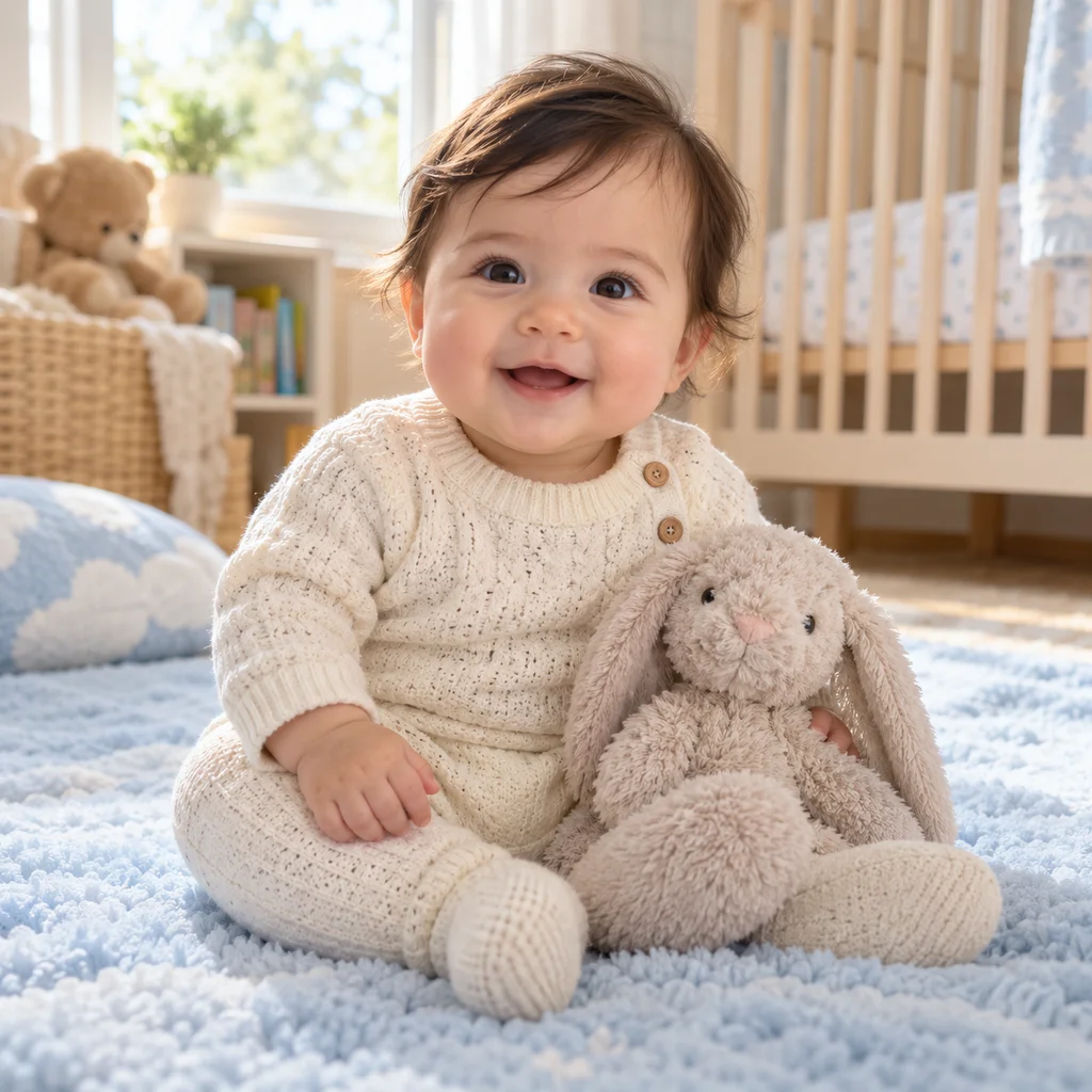 Synthetic reference: A baby in a cream knit outfit with a toy rabbit in a nursery