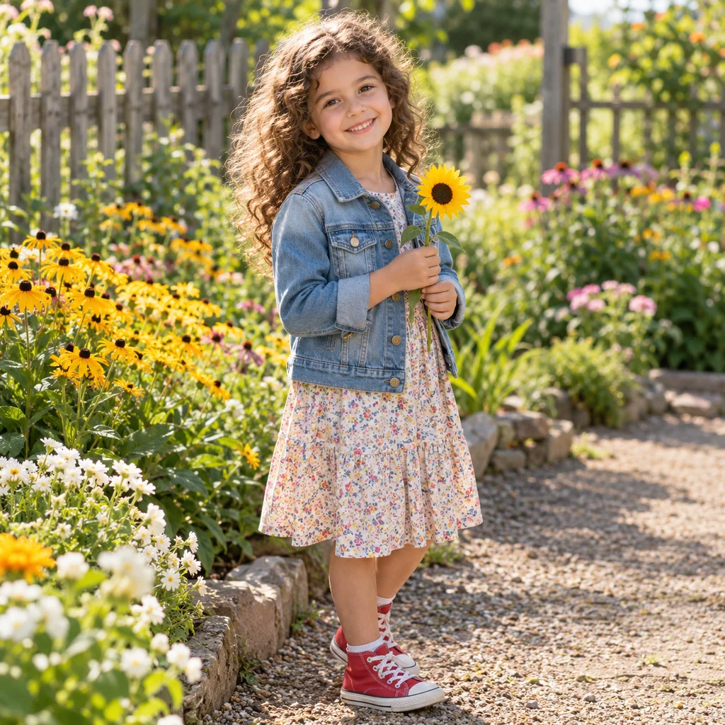 Synthetic reference: A curly-haired child holding a sunflower in a garden
