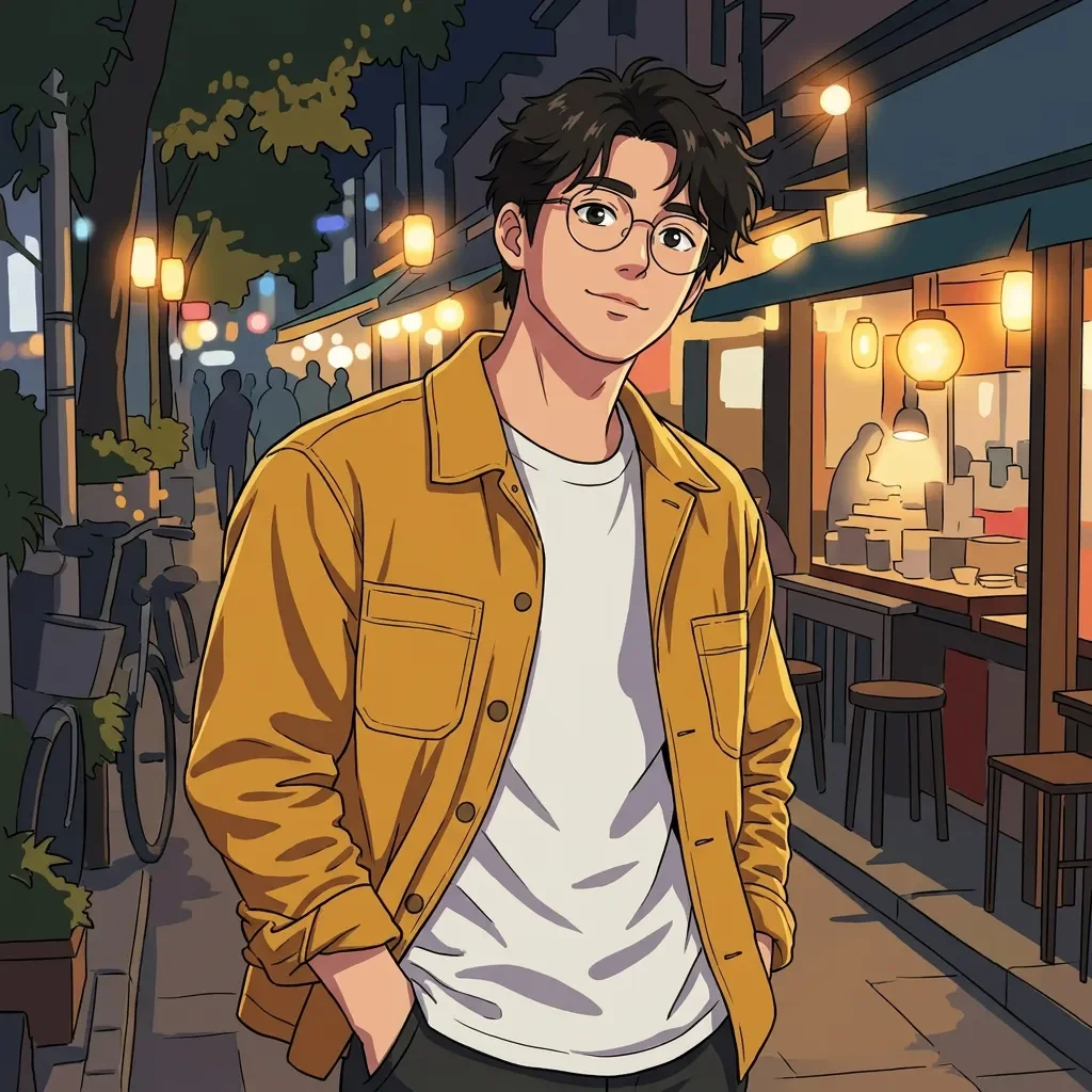Cel anime conversion: A man in glasses and a mustard jacket on a lantern-lit street
