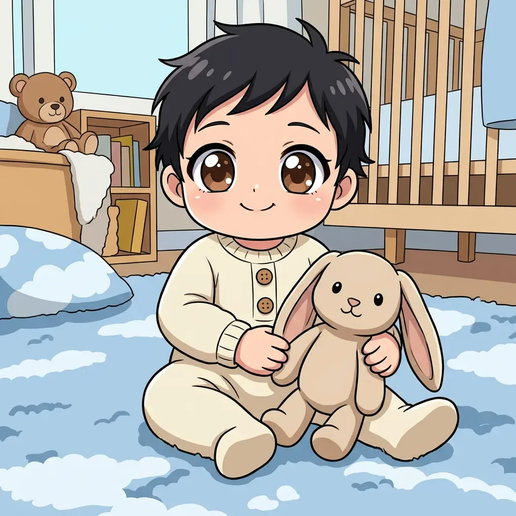 Chibi conversion: A baby in a cream knit outfit with a toy rabbit in a nursery