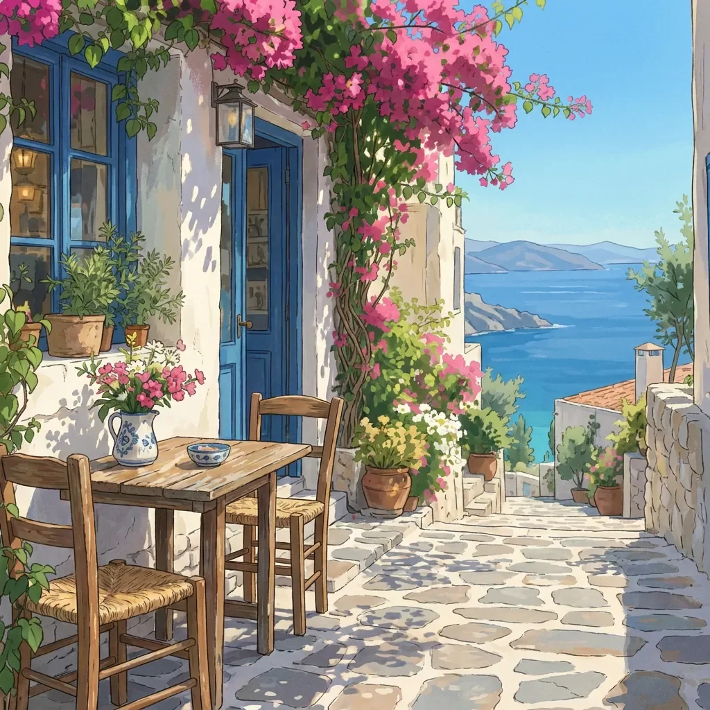 Cozy film anime conversion: A seaside village lane with a blue café door and flowers