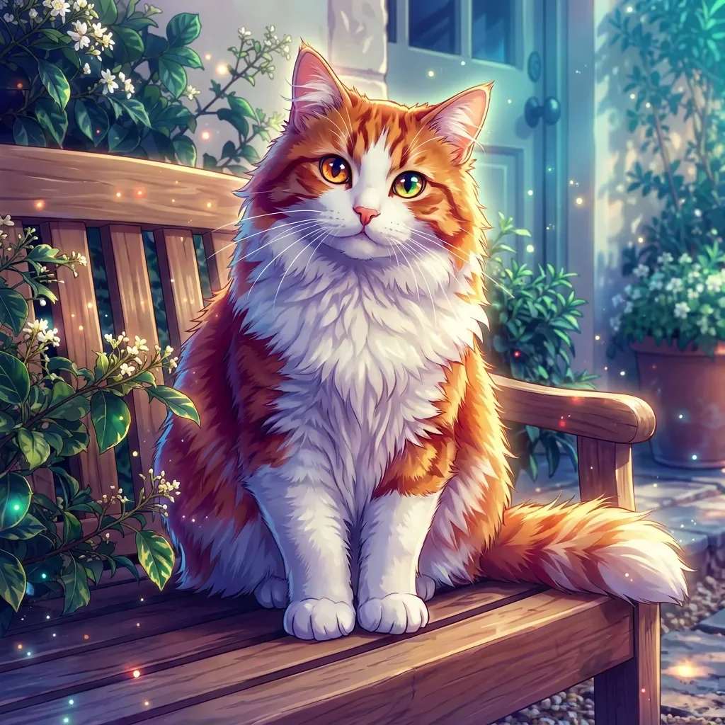Fantasy anime conversion: An orange-and-white cat on a garden bench