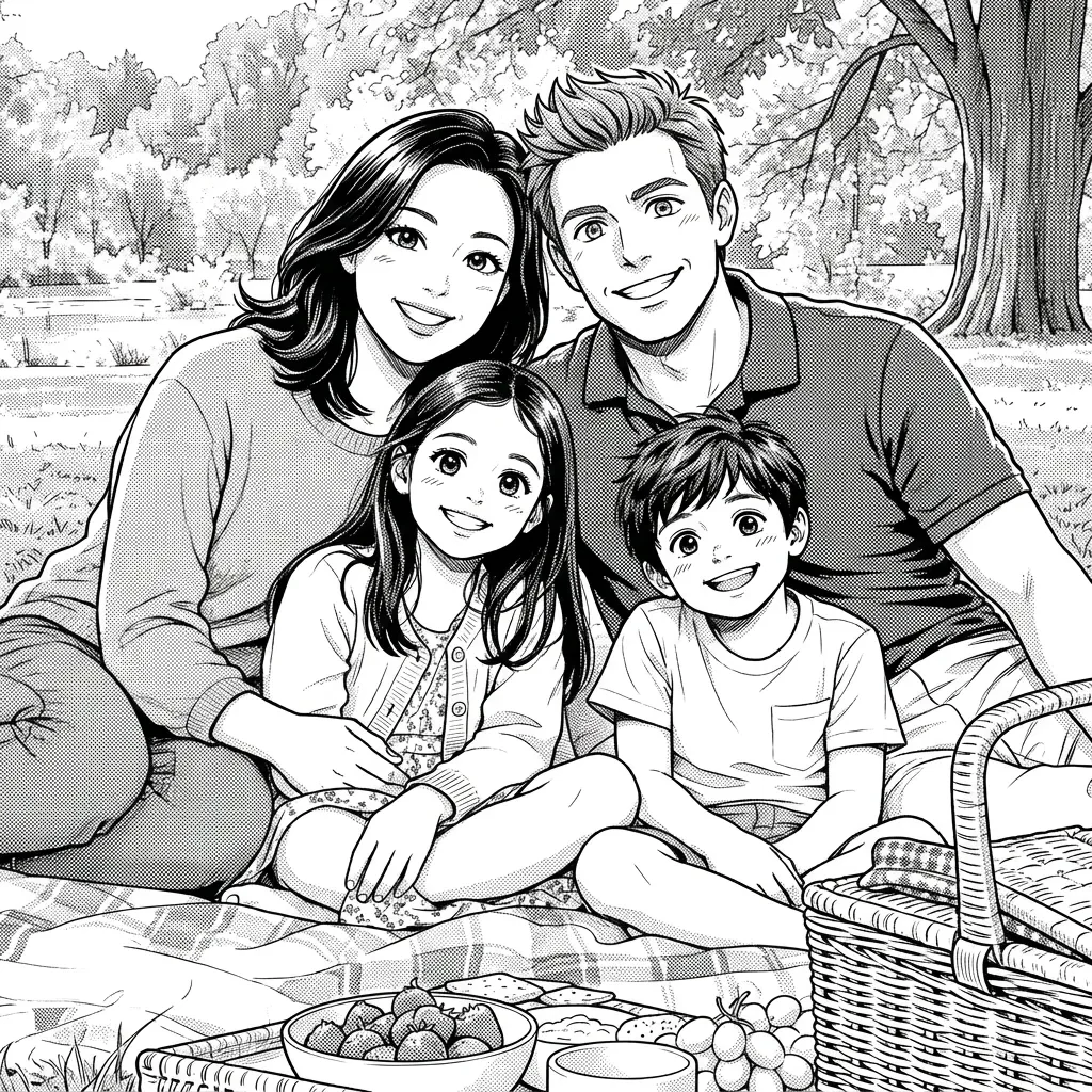 Manga ink conversion: Two parents and two children sitting together in a park