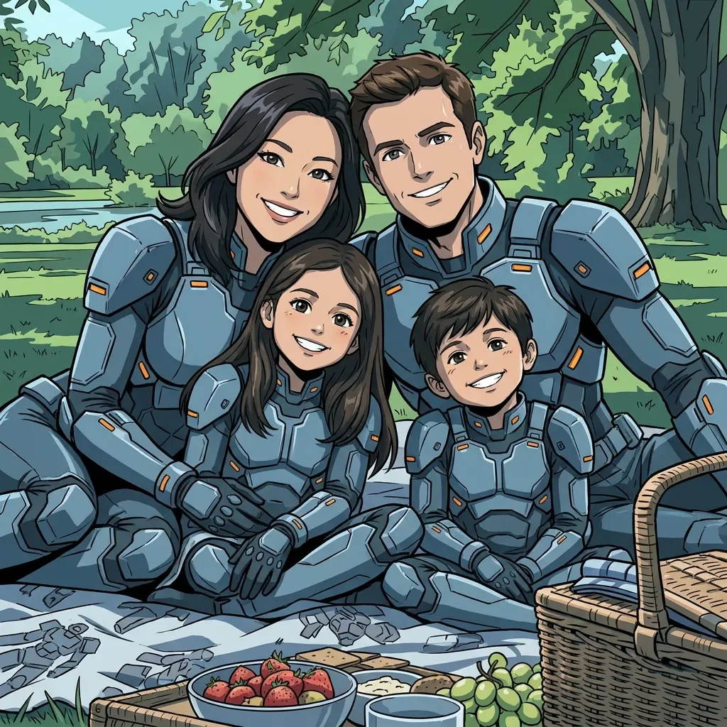 Mecha anime conversion: Two parents and two children sitting together in a park