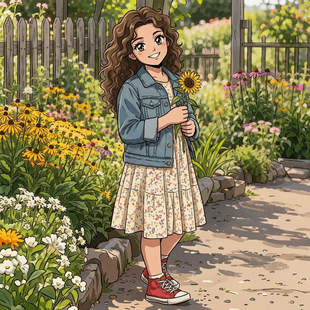 90s anime conversion: A curly-haired child holding a sunflower in a garden