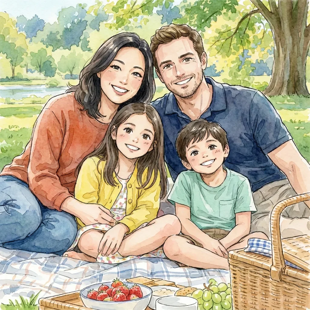 Watercolor anime conversion: Two parents and two children sitting together in a park