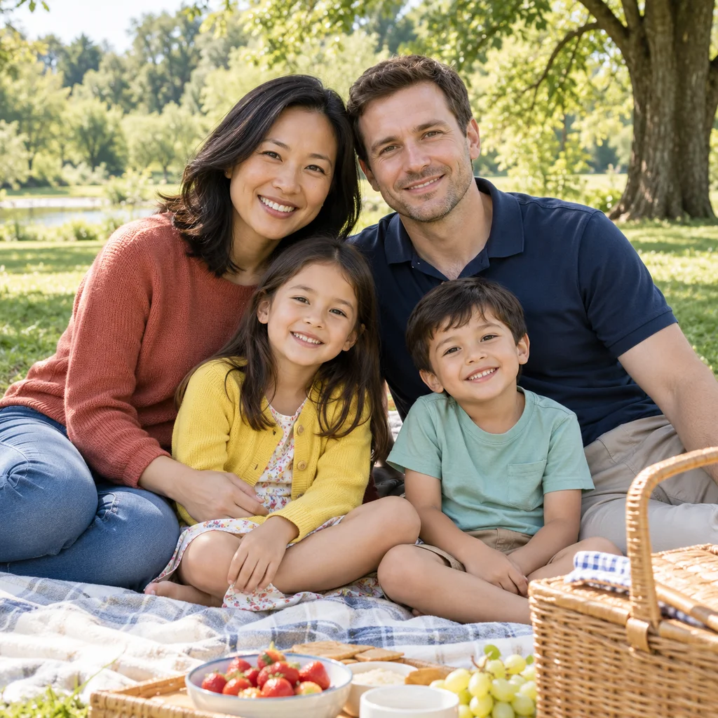 Synthetic reference: Two parents and two children sitting together in a park