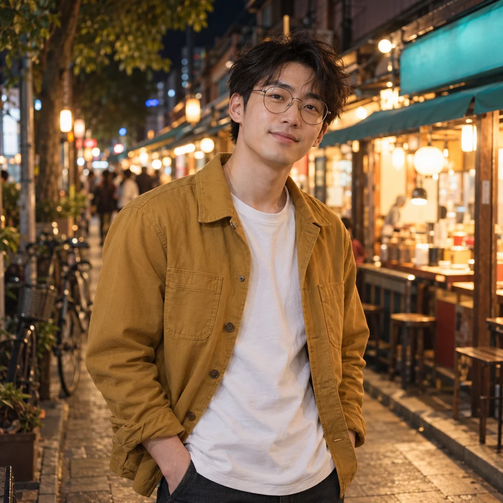Synthetic reference: A man in glasses and a mustard jacket on a lantern-lit street