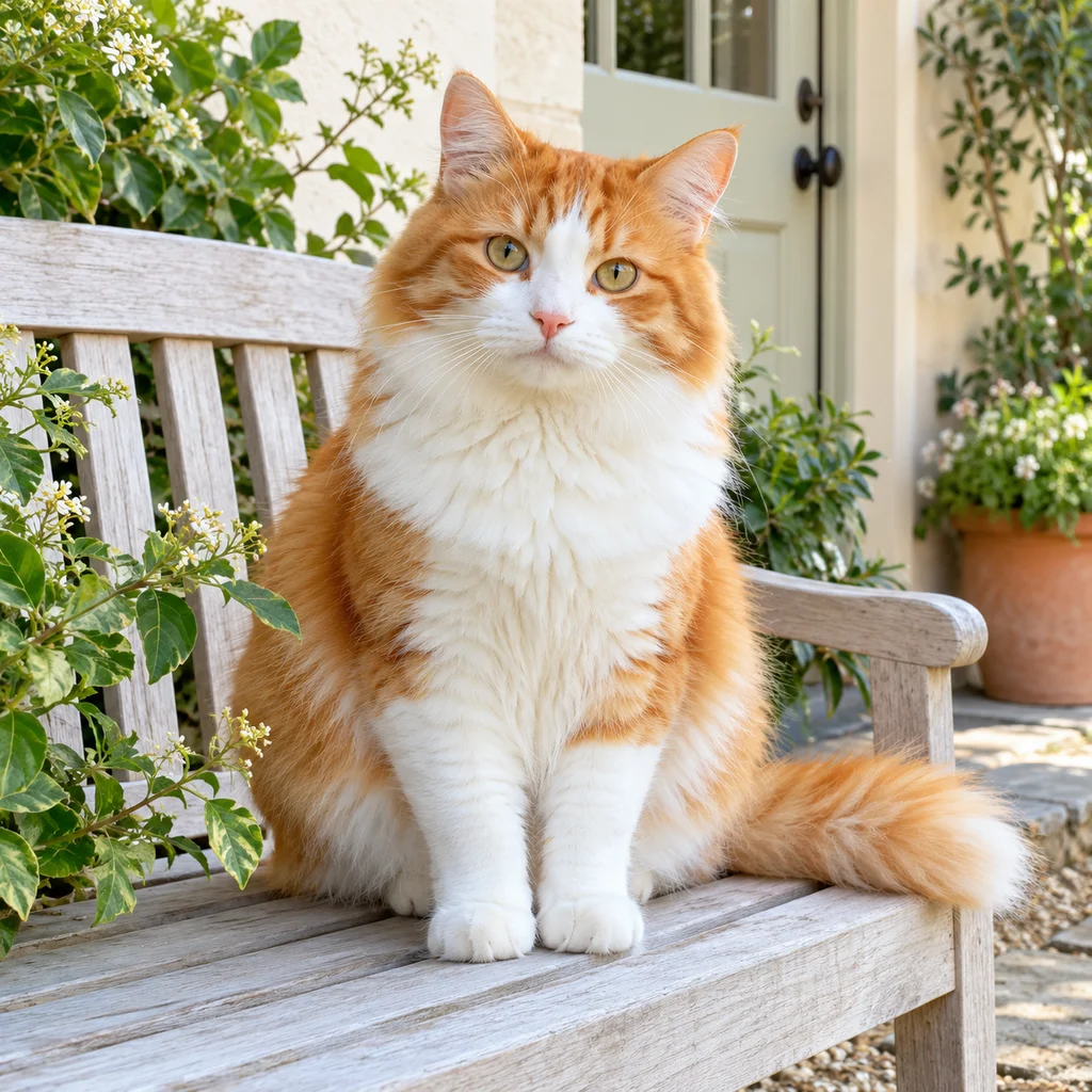 Synthetic reference: An orange-and-white cat on a garden bench