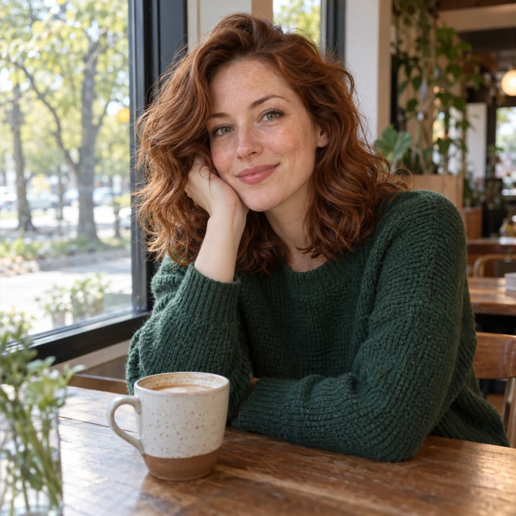 Synthetic reference: A red-haired woman in a green sweater by a café window