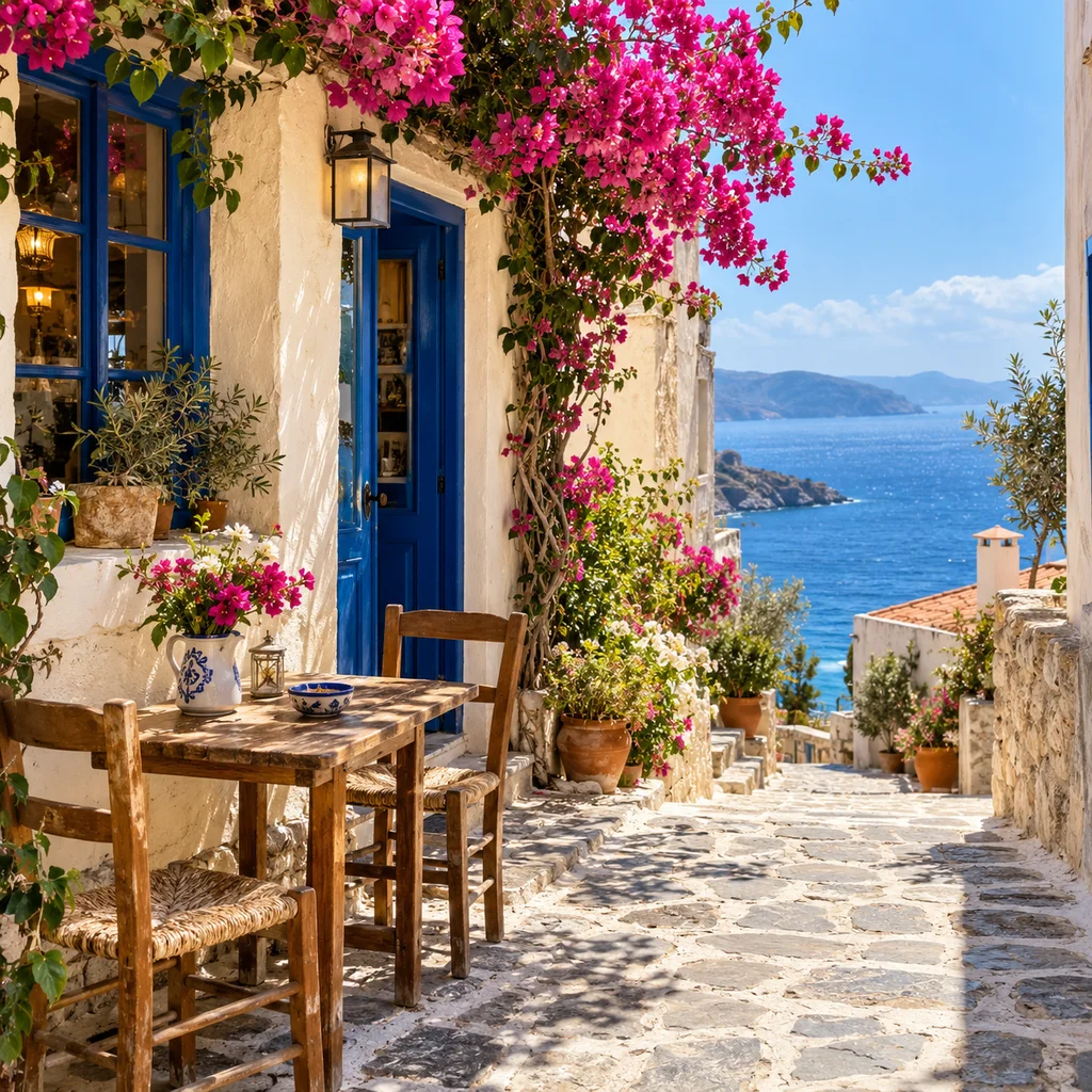 Synthetic reference: A seaside village lane with a blue café door and flowers