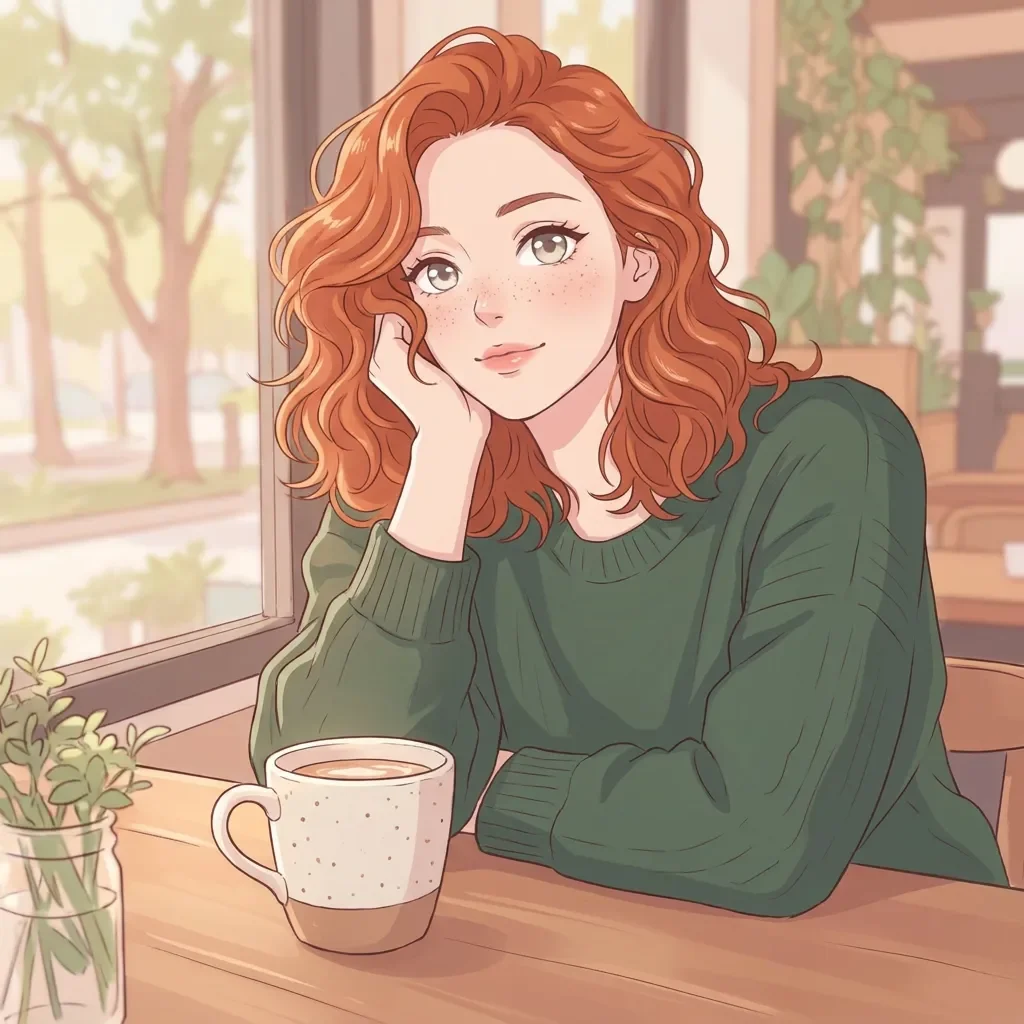 Soft shojo conversion: A red-haired woman in a green sweater by a café window