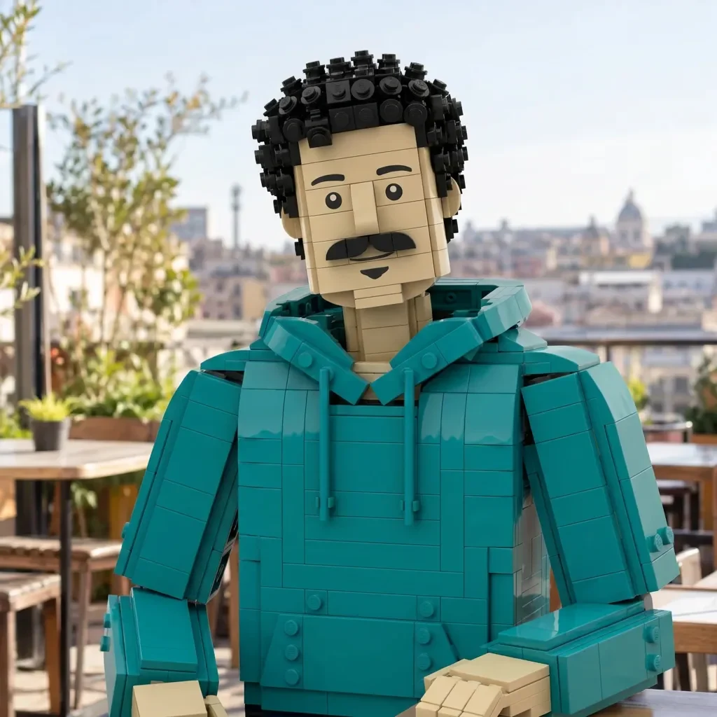 Brick figure: Blocky toy geometry and a built scene