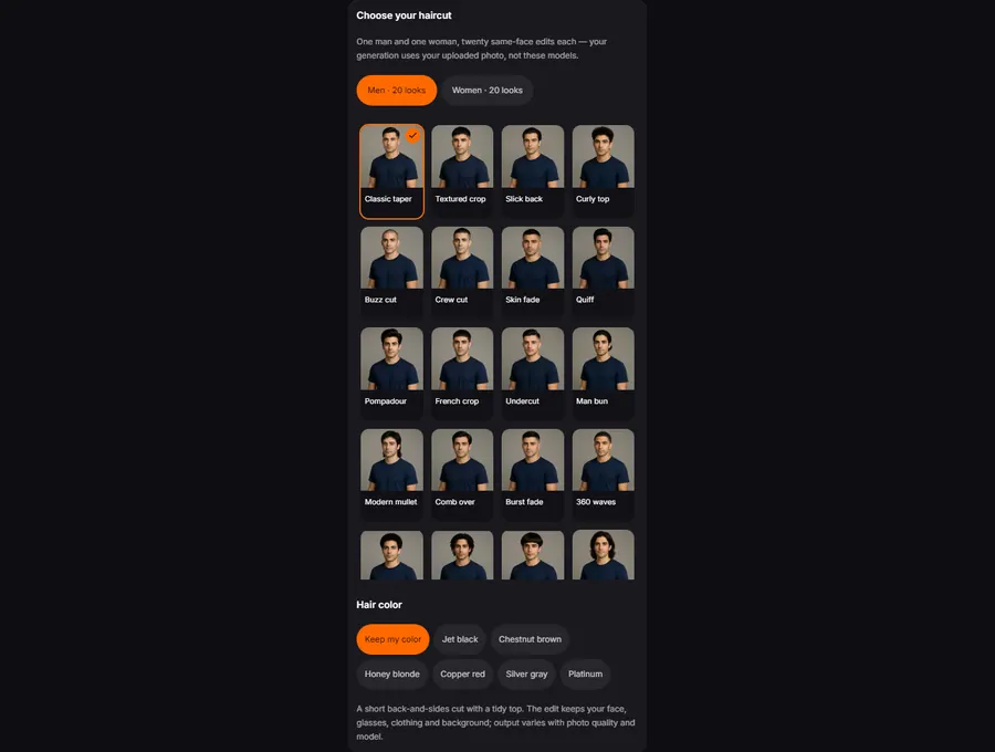 The look picker open with Men and Women tabs and twenty same-face thumbnails