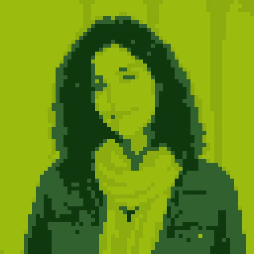 Portrait converted with Game Boy palette and dithering off: flat color cells