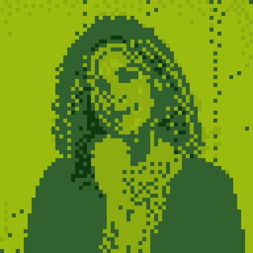 The same portrait with Floyd–Steinberg dithering: dot patterns preserve gradients