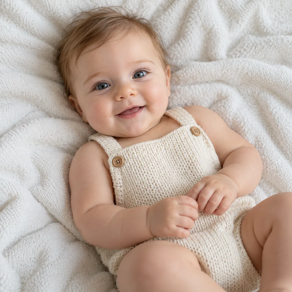 Synthetic reference photo: A baby on a cream blanket
