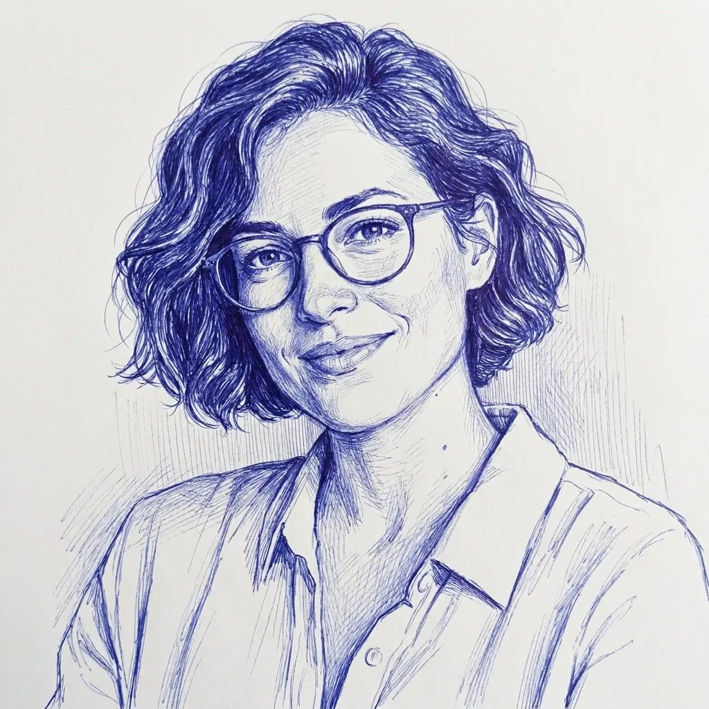Blue ballpoint treatment of the same synthetic portrait
