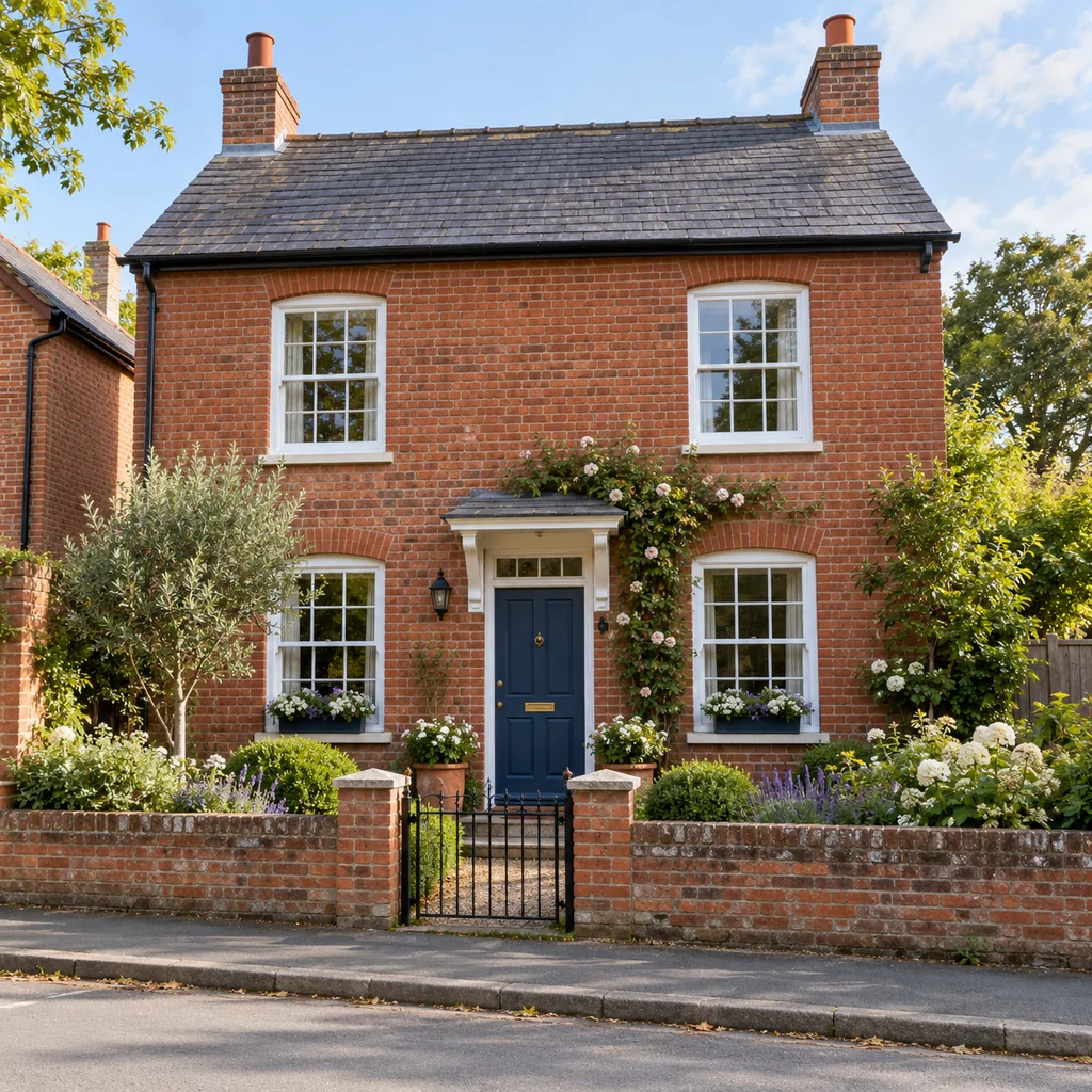 Synthetic reference photo: A brick house with a blue front door