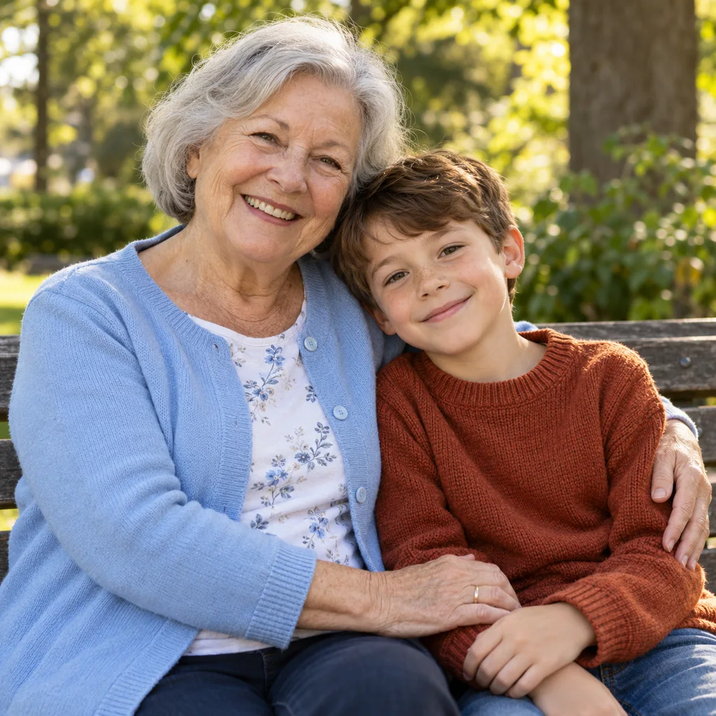 Synthetic reference photo: A grandmother and grandson on a park bench