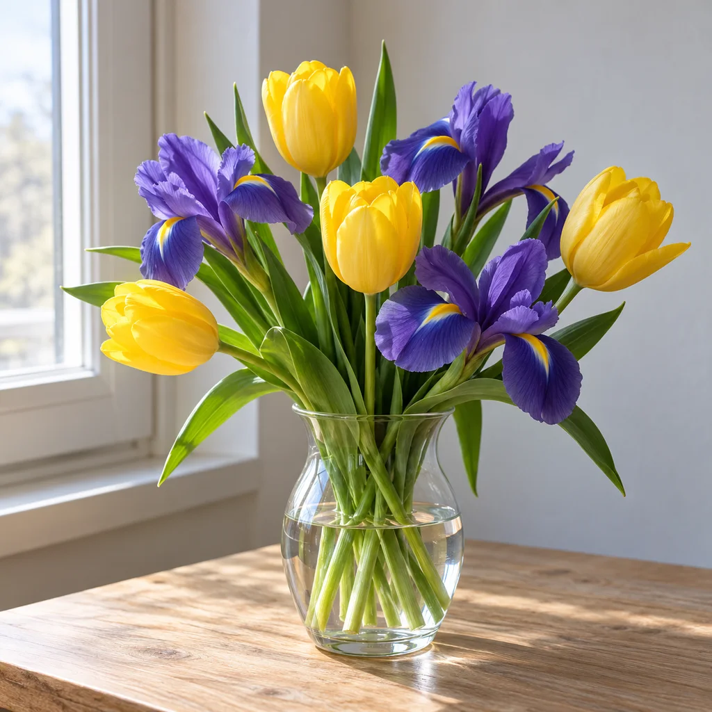 Synthetic reference photo: Yellow tulips and purple irises beside a window