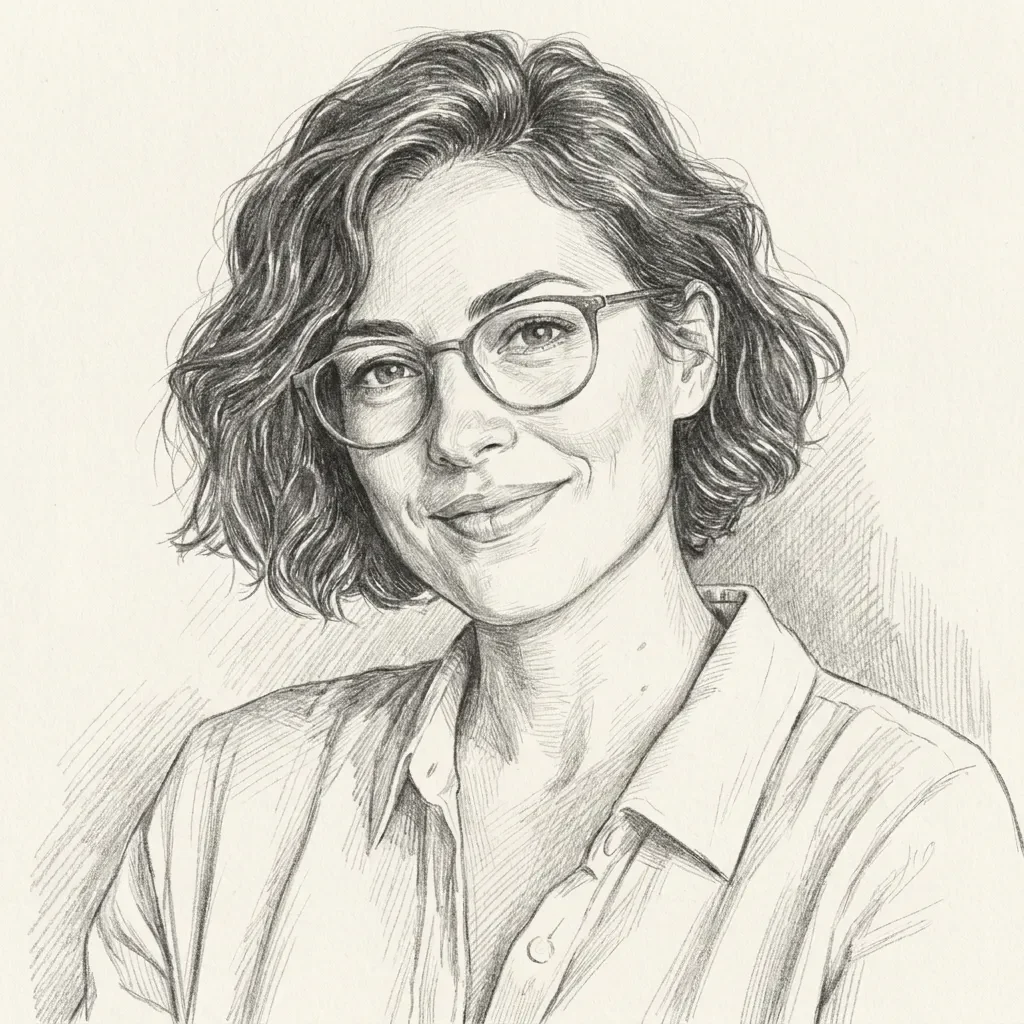 Actual graphite drawing of A woman with round glasses and short wavy hair
