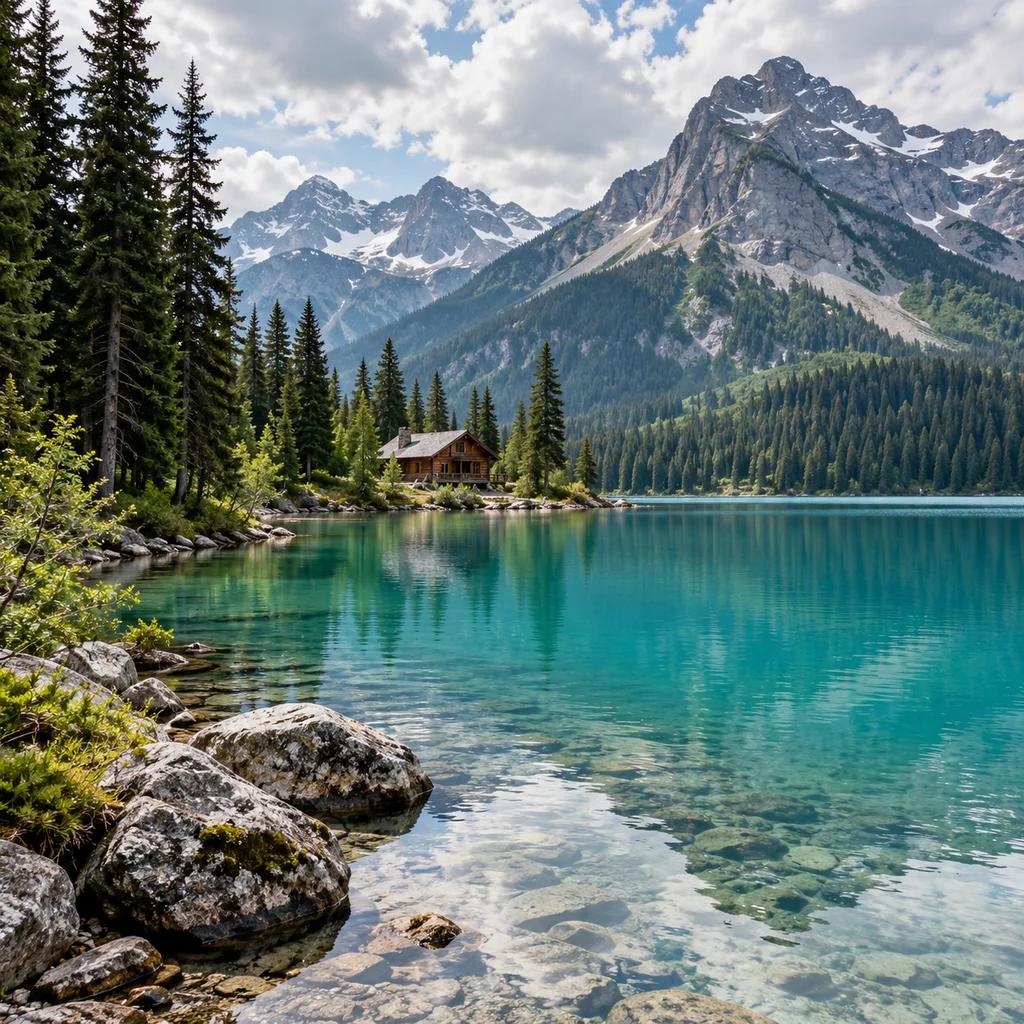 Synthetic reference photo: An alpine lake, cabin and mountains