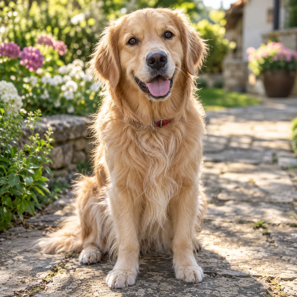 Synthetic reference photo: A golden retriever on a garden path