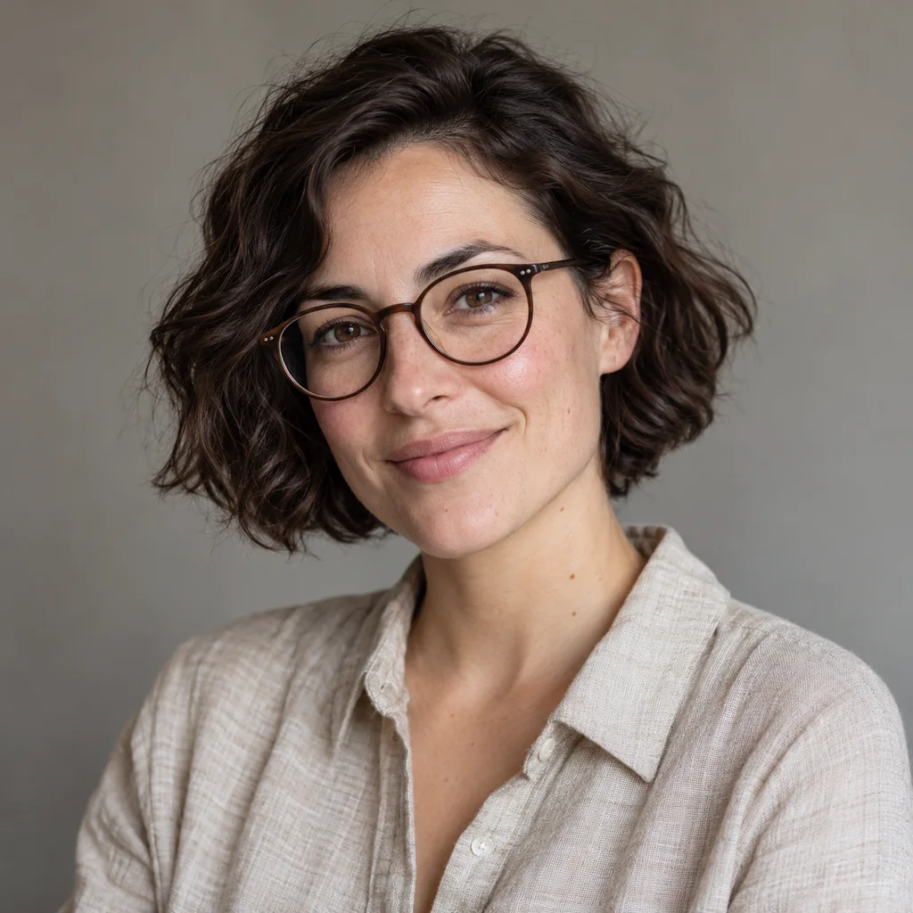 Synthetic reference photo: A woman with round glasses and short wavy hair