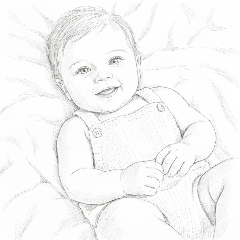 Actual soft drawing of A baby on a cream blanket