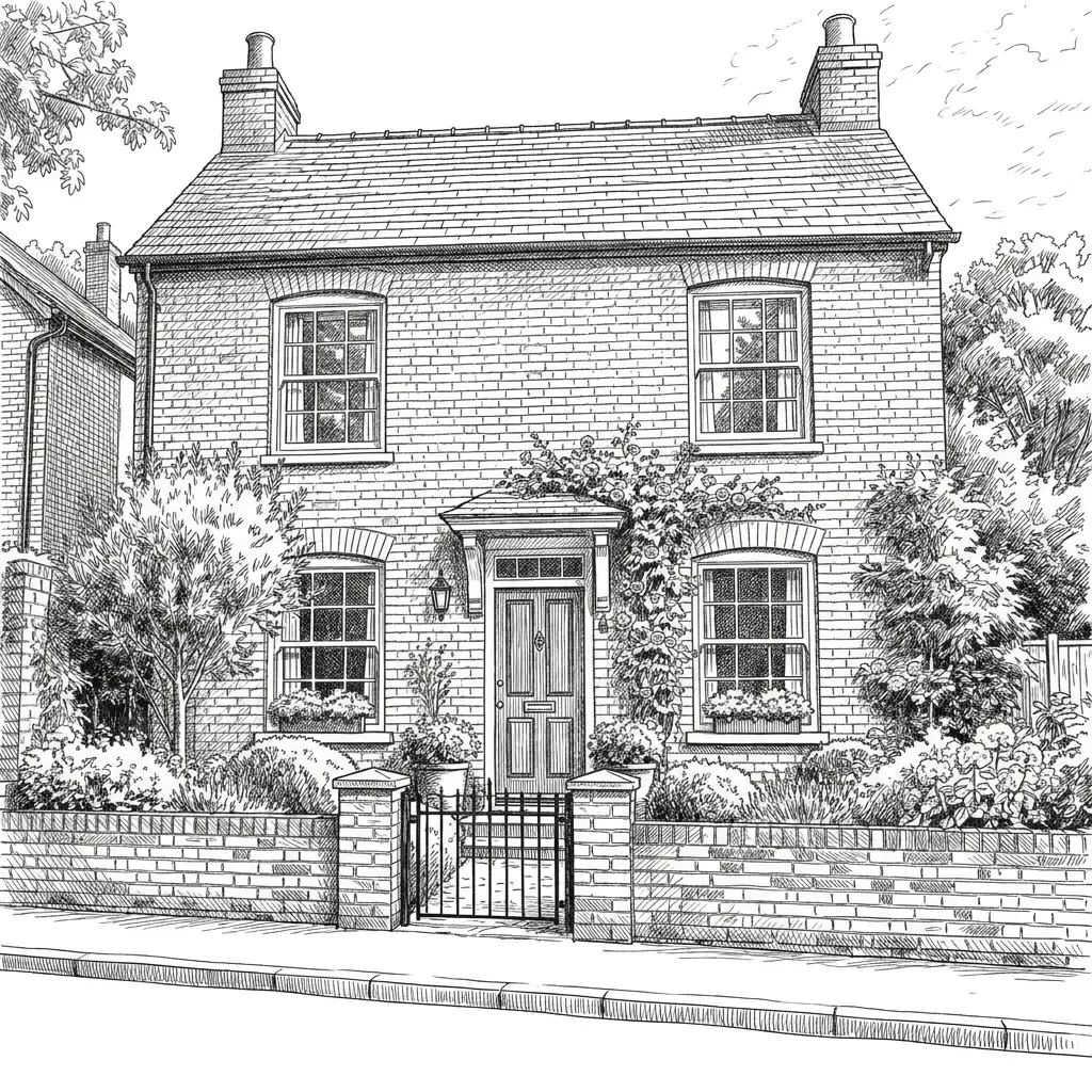 Actual ink drawing of A brick house with a blue front door