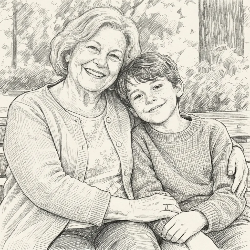 Actual graphite drawing of A grandmother and grandson on a park bench
