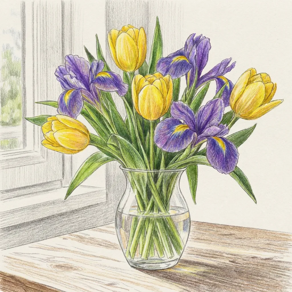 Actual colored drawing of Yellow tulips and purple irises beside a window