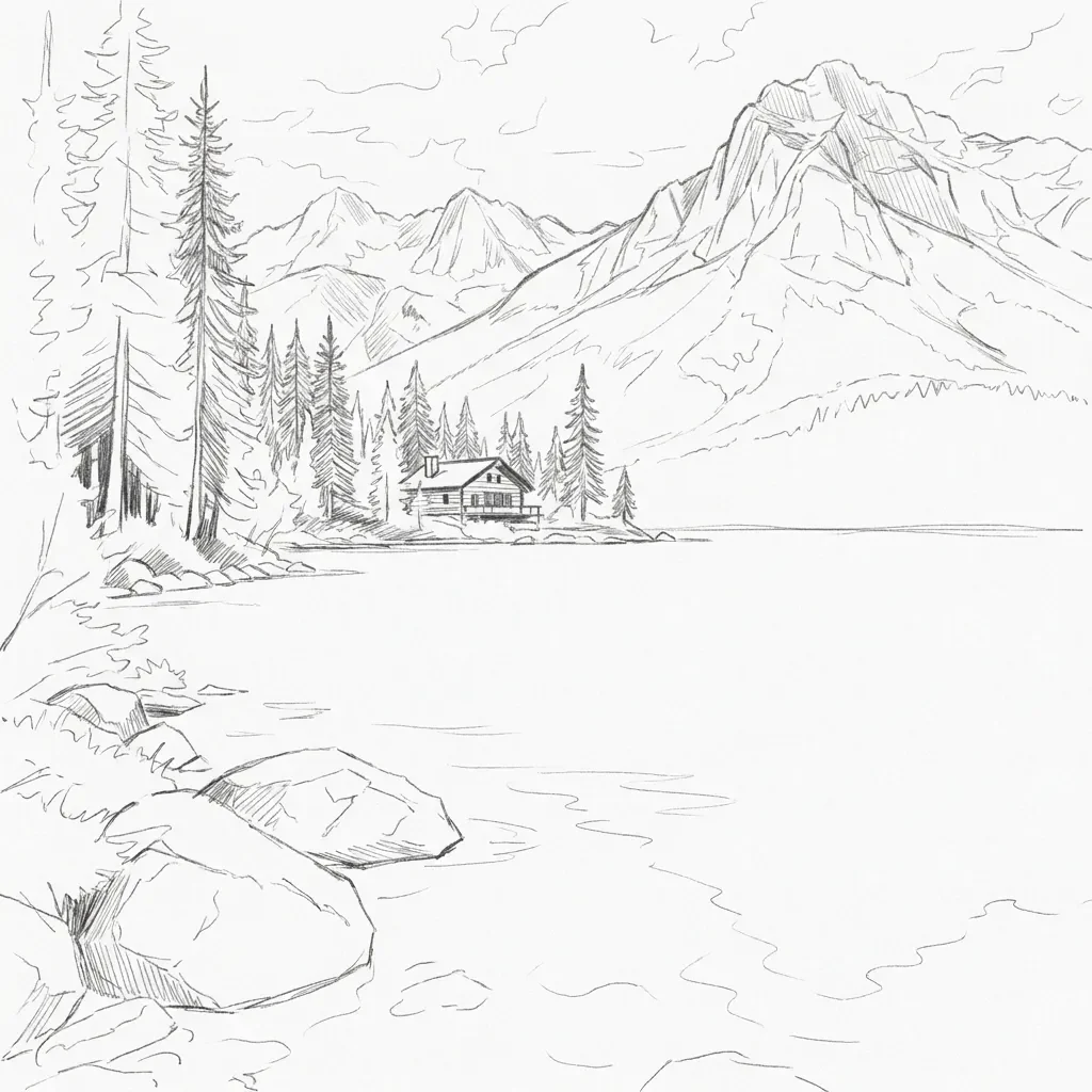Actual loose drawing of An alpine lake, cabin and mountains