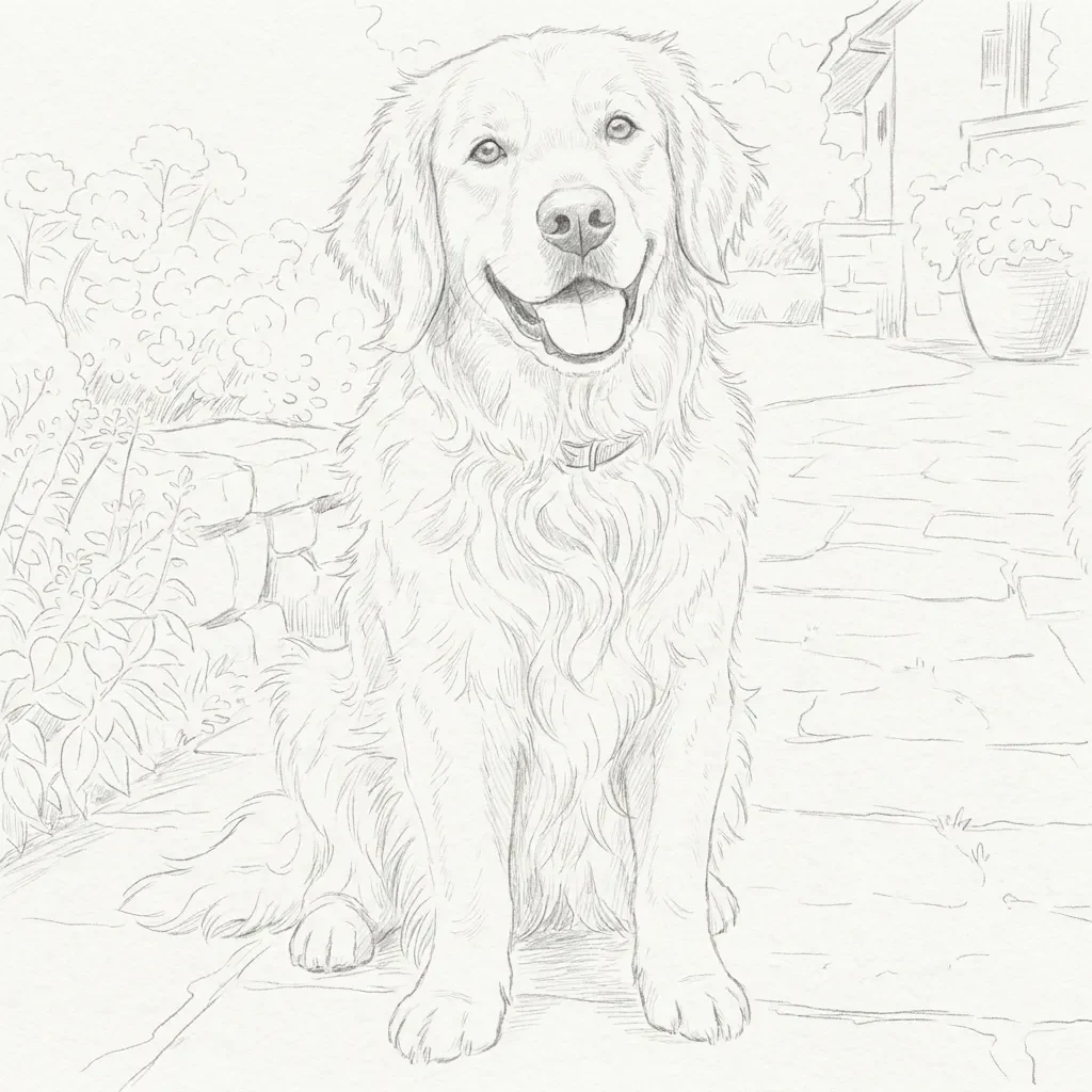 Actual soft drawing of A golden retriever on a garden path