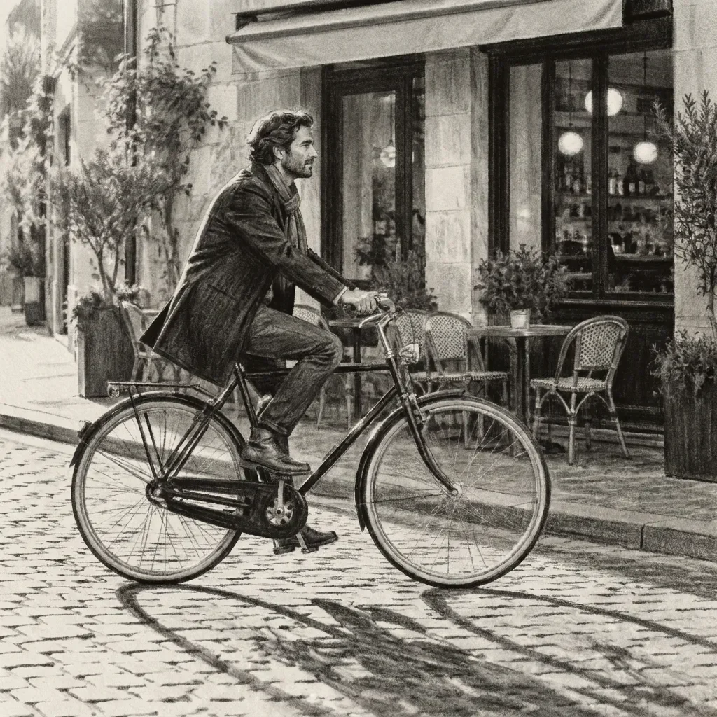 Actual charcoal drawing of A cyclist passing a cafe in afternoon light