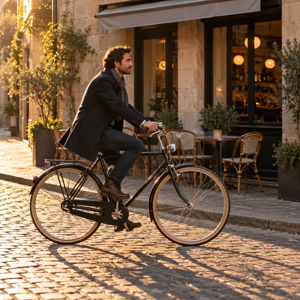 Synthetic reference photo: A cyclist passing a cafe in afternoon light